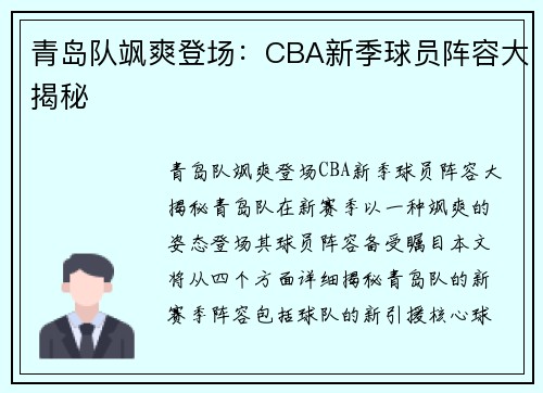 青岛队飒爽登场：CBA新季球员阵容大揭秘